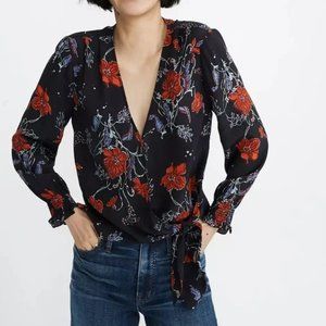 Madewell 100% Silk Smocked-Sleeved Wrap Blouse Size M